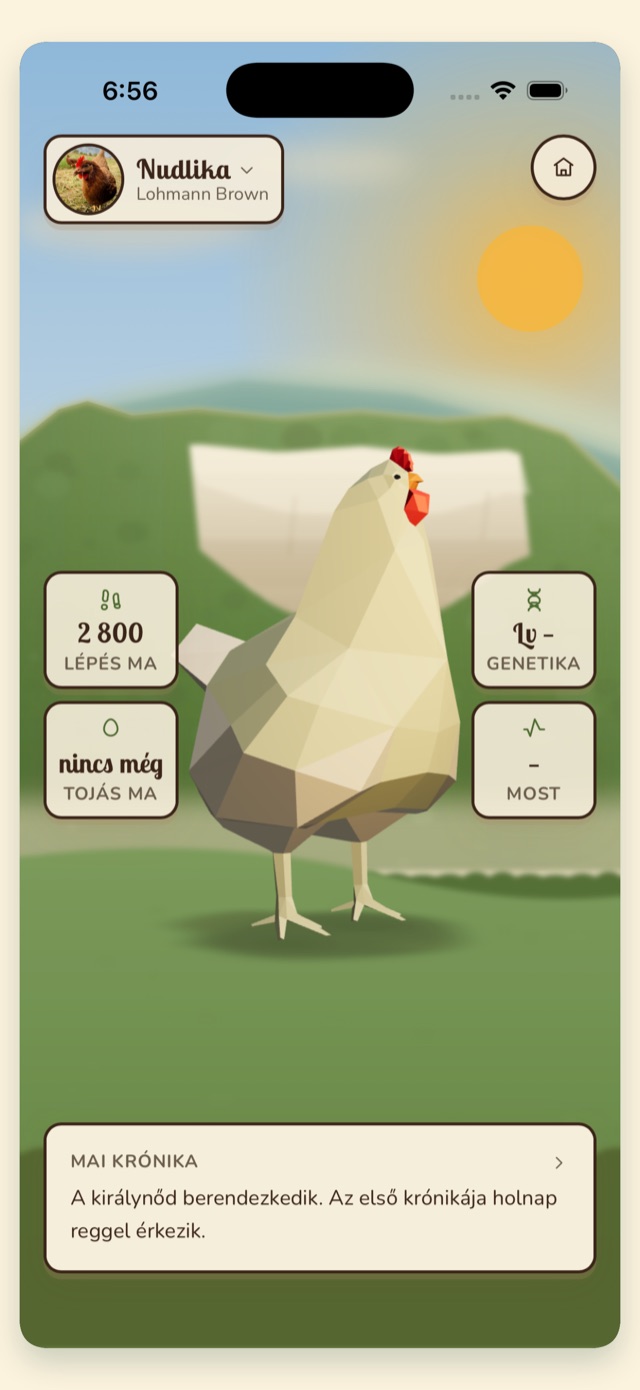 A tervezett Remény Farm app főképernyője, Nudlika tyúk adataival